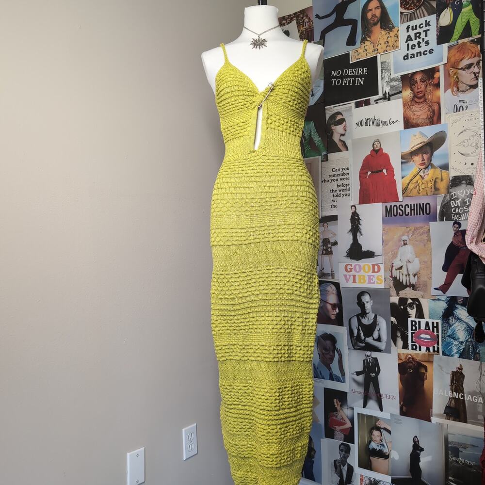 Lime Green Knit Maxi Dress with Safety Pin Detail